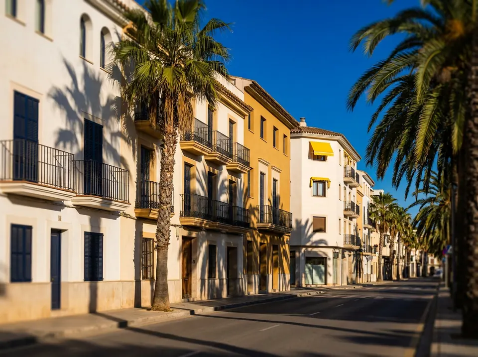 Calle residencial con palmeras y edificios de viviendas